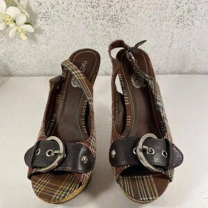 Rue 21 Brown & Teal Pin Stripe Open Toed Heels